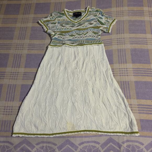 Vtg COOGI 3D Knit Textured Dress 1990s 2000s Y2kwhite Green Australia Button